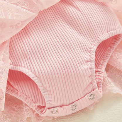 3D Flower Baby Girls’ Romper - Princess Mesh Lace Ruffle Bodysuit Dress with Headband