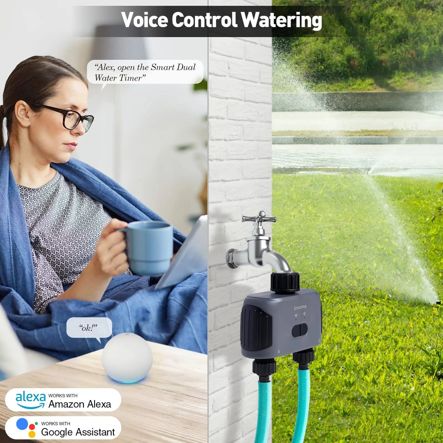 Insoma Automatic Water Timer with WiFi Hub – 2-Outlet Garden Irrigation Sprinkler System, Alexa Compatible