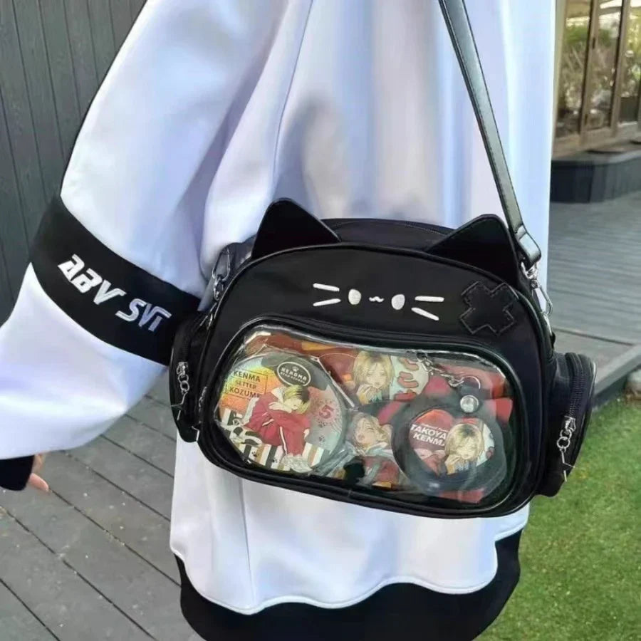 Y2K Korean Kawaii Cat Ita Bag — Cute PU Transparent Shoulder & Crossbody Bag for Girls, Harajuku Style Backpack