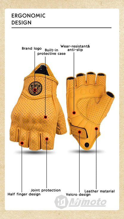 MJMOTO Retro Leather Motorcycle Half Finger Gloves – Touchscreen Motocross Gloves with Hard Shell Protection, Breathable Design