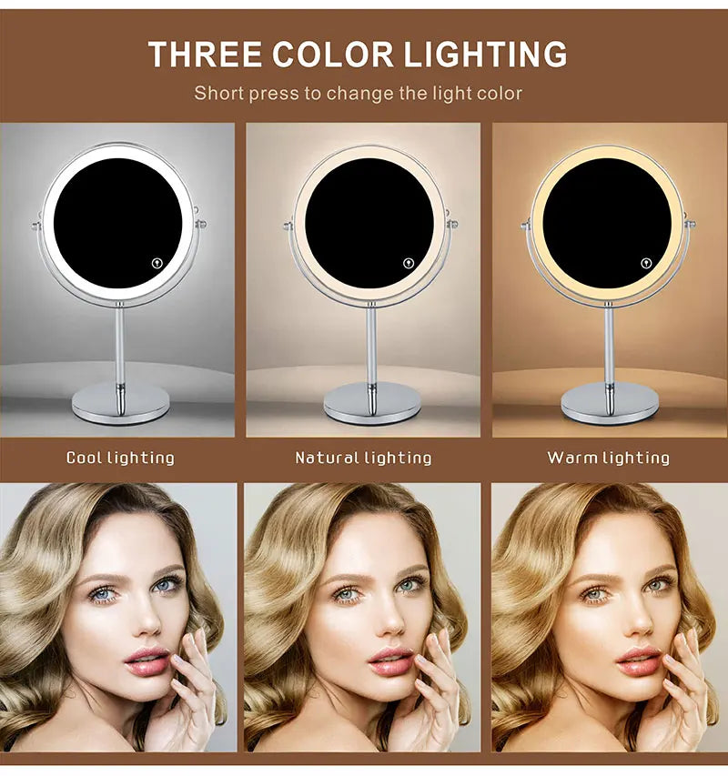 8 Inch 10X Magnifying LED Makeup Mirror - Double-Sided with 3 Color Light Touch Switch, USB Charging, Desktop Vanity Cosmetic Mirror