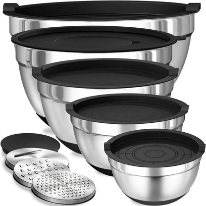 8PCS Stainless Steel Mixing Bowl Set – Airtight Lids, Non-Slip Bottoms, Black Kitchen Bowls for Baking & Serving