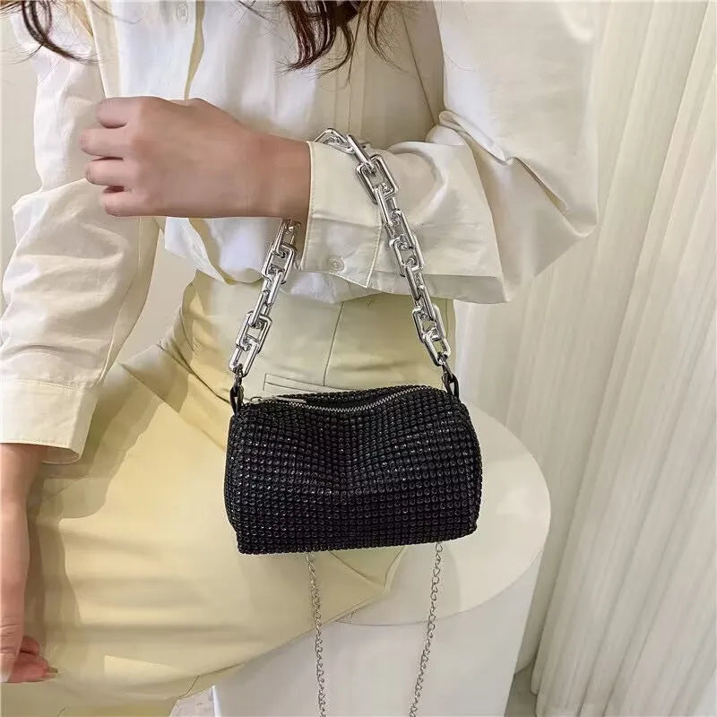 Allover Rhinestone Bucket Bag – Glitter Chain Prom Purse, Women's Mini Crossbody Bag (6.3 x 3.54 Inches)
