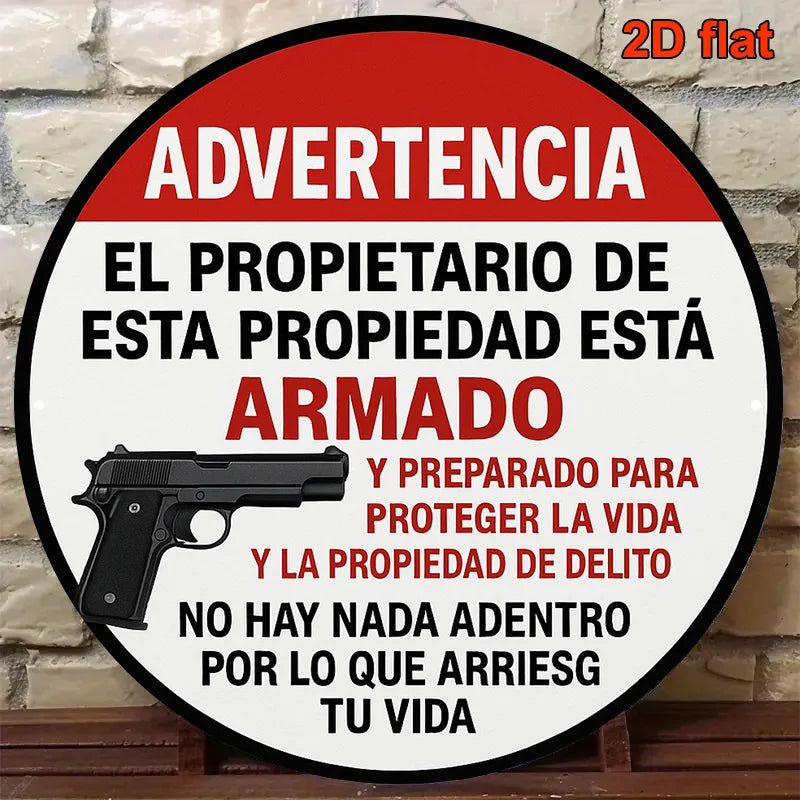 Armed Homeowner Warning Sign - Vintage Round Aluminum Security Plaque in English & Spanish