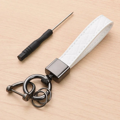 5-Color Genuine Leather Plaid Keychain – Luxury Black Buckle Car Key Ring for Men & Women, Gift for Friends