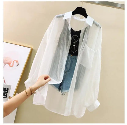 Summer Sunscreen Shirt – Elegant Thin Chiffon Korean Harajuku See-Through Loose Blouse & Casual Women’s Cardigan