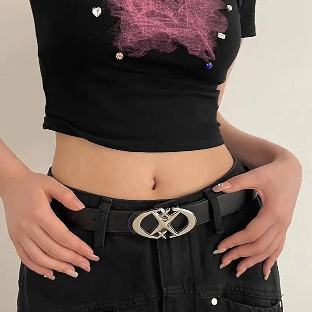 Women’s Punk Star Buckle Belt – Cross Metal Vintage Gothic Y2K PU Leather Waistband for Pants & Jeans, Unisex Fashion Belt