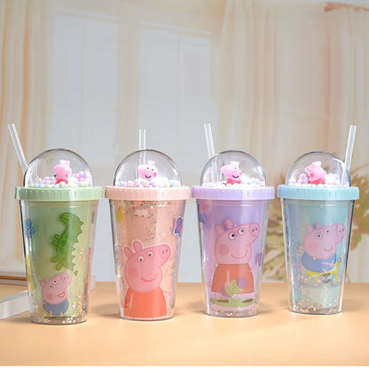 450ML Peppa Pig Plastic Water Bottle – Double-Layer Tumbler with Straw, George Pig Design, Gift for Girls