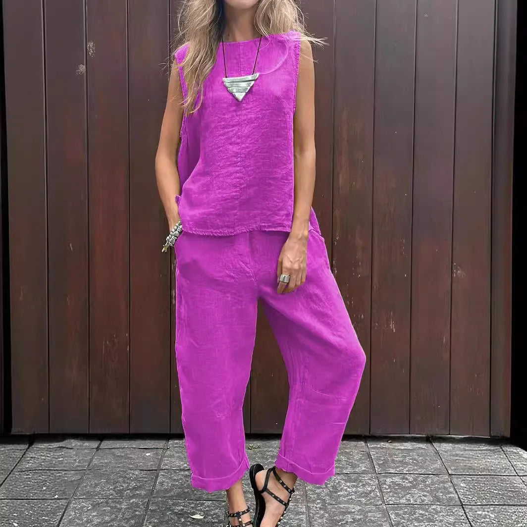 Women Summer Cotton Linen 2-Piece Set – Sleeveless Solid Color Top & Trousers Casual Fashion Outfit Suit