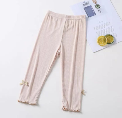 Girls Summer Bow Leggings - Solid Color Elastic Waist 7/8 Length Breathable Kids Pants 3-10Y