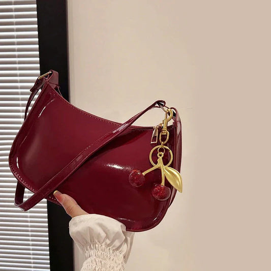 Women's PU Leather Shoulder Handbag – Solid Color Versatile Underarm Bag with Cherry Pendant Casual Commuting Purse