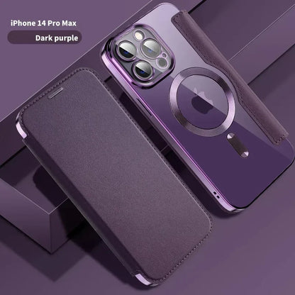 Electroplated Flip Leather Case for iPhone 16, 15, 14, 13, 12 & 11 Plus Pro Max – Luxury MagSafe Wireless Charging Protective Cover