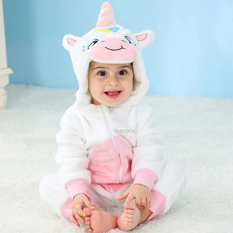 Cartoon Flannel Baby Romper – Unicorn, Rabbit & Dinosaur Pajamas, Cotton Kigurumi Jumpsuit for Boys & Girls