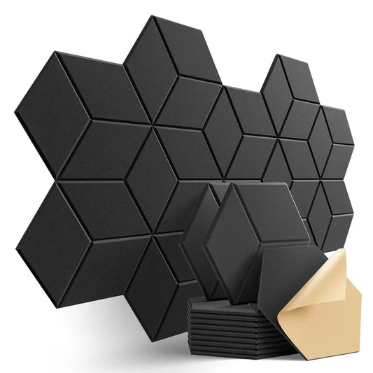 12 Pack Hexagonal Self-Adhesive Acoustic Panels - Y-Lined Design to Absorb Noise, Eliminate Echoes, Black Foam Panels