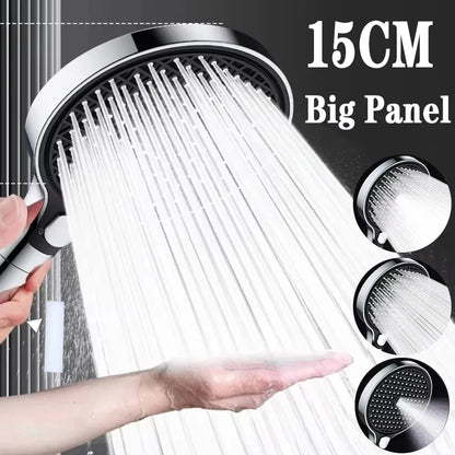 15cm Large Panel High Pressure Shower Head with Filter – 3 Modes Rainfall Spray Nozzle for Bathroom Accessories