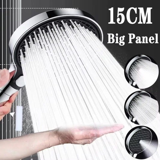 15cm Large Panel High Pressure Shower Head with Filter – 3 Modes Rainfall Spray Nozzle for Bathroom Accessories