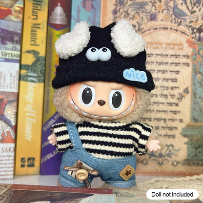 17cm Mini Doll Clothes Set – Kpop EXO Labubu Idol V1 V2 Striped Sweater Overalls, Glasses & Hat Accessories