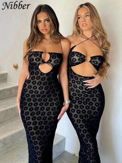 Nibber Solid Color Maxi Dress: Sexy Hollow Perspective Women's Fashion - Street Trendy Clothing for Bag Hips Robe