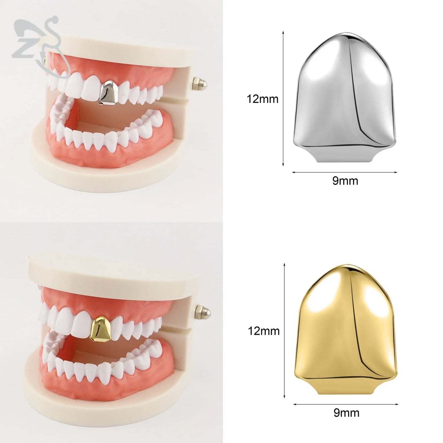 ZS Hip Hop Grillz – Silver/Gold Plated CZ Crystal Cross & Rose Star Tooth Cap, Top & Bottom Set