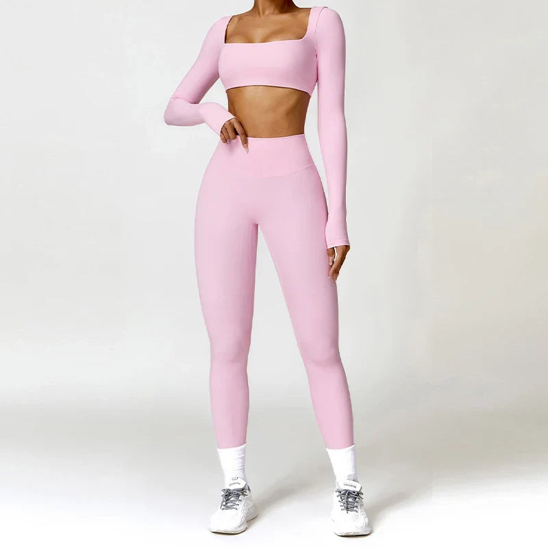 Hearuisavy 2PCS Long Sleeve Gym Set for Women, Quick-Drying Yoga Clothes, Sportswear, Running Leggings, Workout Sports Crop Top