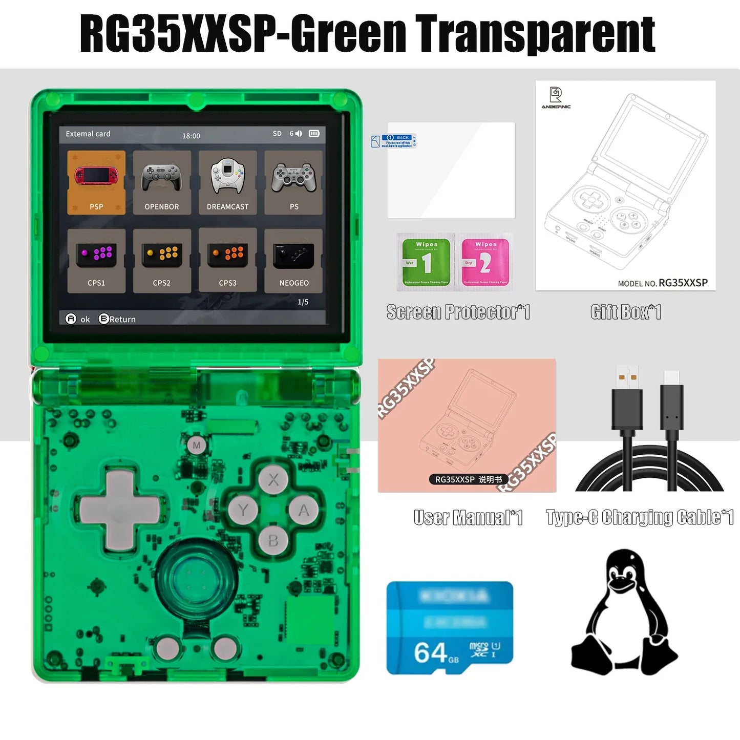 ANBERNIC RG35XXSP Retro Handheld Game Console – 3.5'' IPS Screen, 3300mAh Battery, HDMI Out, Bluetooth 4.2, 5K Games