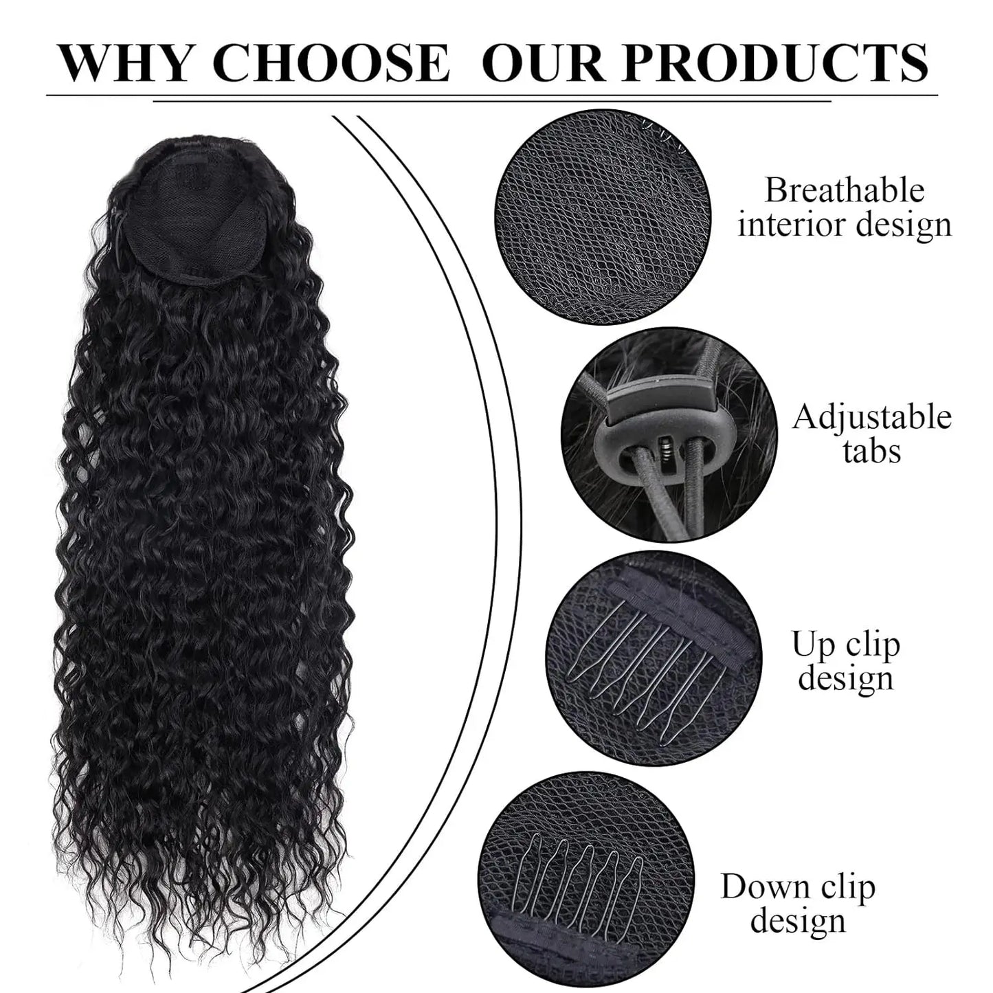 24" Long Curly Wave Drawstring Ponytail Extension – Heat Resistant Synthetic Clip-In Hairpiece for Women & Girls