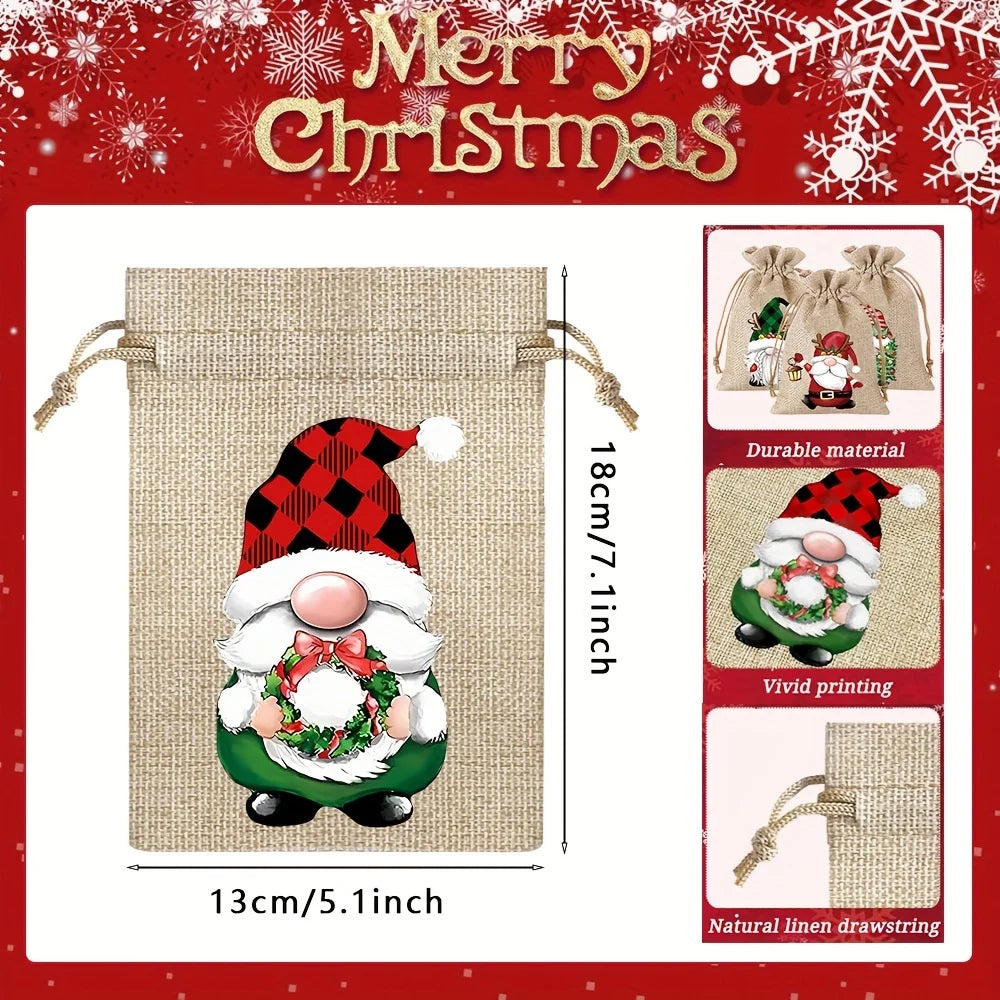 12PCS Christmas Linen Drawstring Gift Bags – 13×18cm Jewelry & Party Pouches with Random Patterns