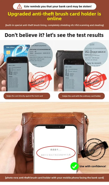 Genuine Leather Men’s Wallet – RFID Blocking Trifold, Vintage Thin ID & Credit Card Holder, Multi-Function Purse