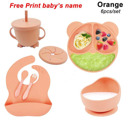 6-Piece Baby Feeding Plate Set – Silicone Suction Bowls, Plates, Cups & Spoon for Kids, Personalized Name Tableware