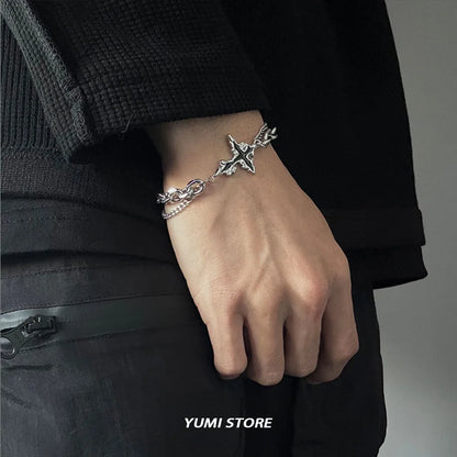 Retro Flame Cross Bracelet - Unisex Hip Hop Titanium Steel Splice Chain Charm, Kpop Luxury Jewelry for Men & Women