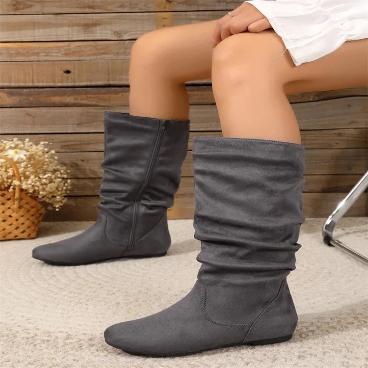 Women’s High-Top Casual Boots – Folded Zipper, Flat Bottom, Alligator Patterned Comfortable Footwear