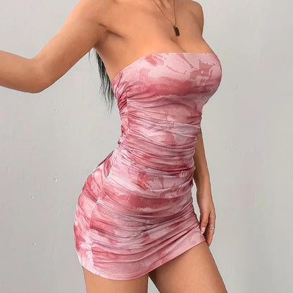 Women’s Y2K Print Mini Dress - Spaghetti Strap Off Shoulder Sleeveless Summer Party Dress