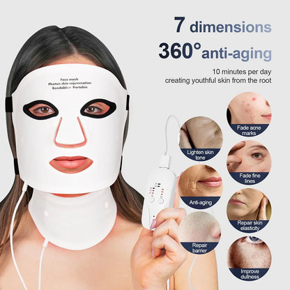 Silicone LED Mask with Neck – 7-Color Photon Red Light & Infrared Therapy, Flexible Wireless Facial Skin Repair Mask