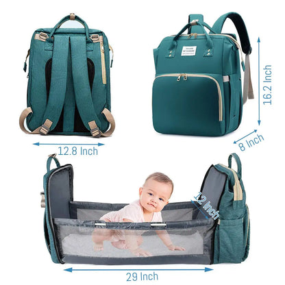 3-in-1 Diaper Bag Backpack – Waterproof Travel Bag with Foldable Baby Bed & USB Charging