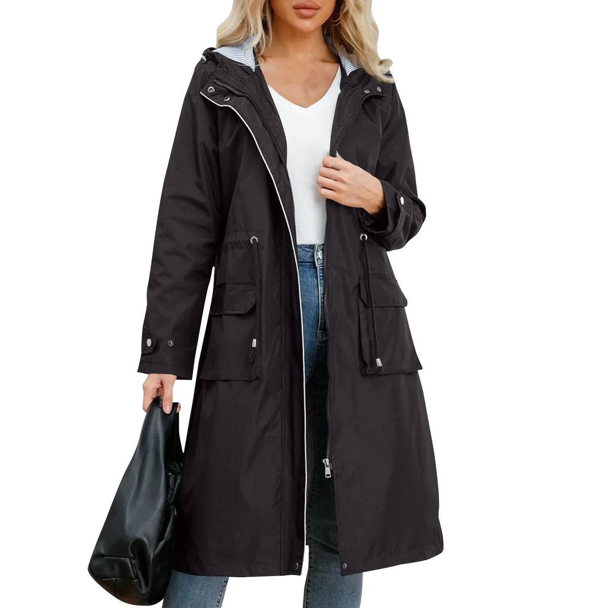 Women’s Hooded Trench Coat - Long Sleeve Solid Color Windbreaker with Elegant British Style