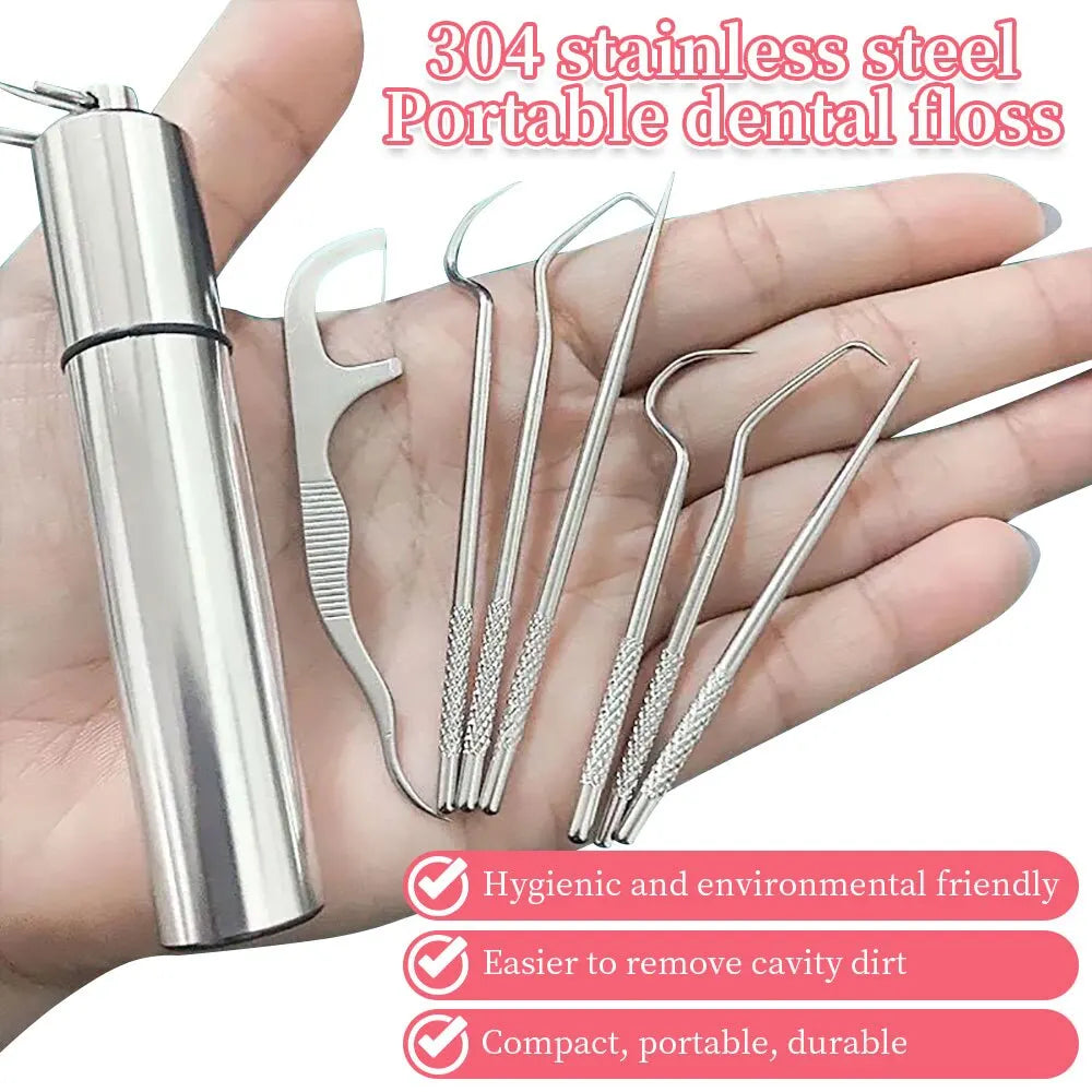 7pcs Stainless Steel Toothpick Set: Reusable Tooth Flossing Picks for Oral Cleaning - Portable Teeth Cleaner Kit