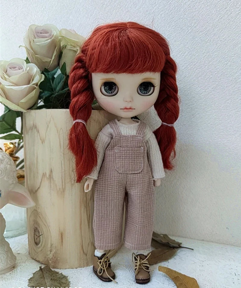 Casual Blythe Doll Clothes – Romper, Plaid Pants & Long Sleeve Top for Licca, Azone, OB24/OB27 Dolls