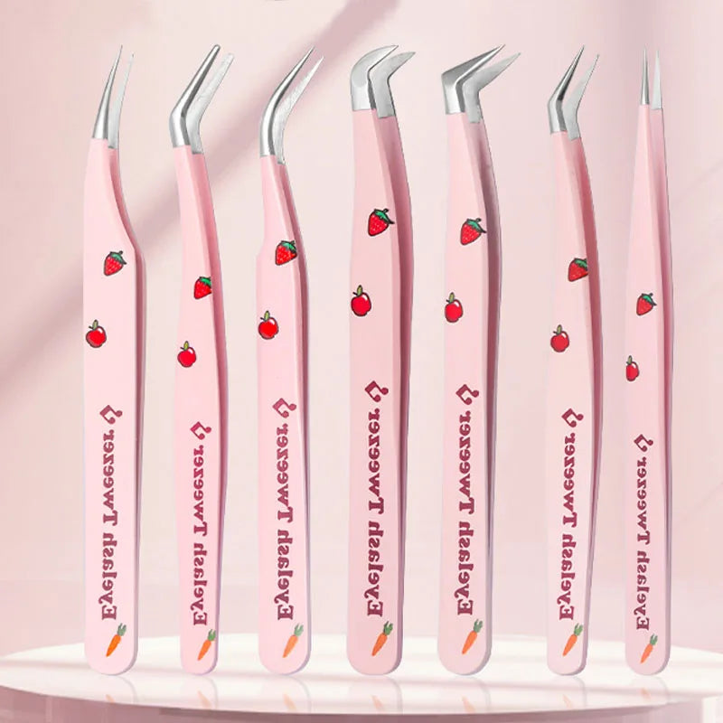 6 Types False Eyelash Tweezers — Stainless Steel Anti-Static Curved & 3D Lash Tools