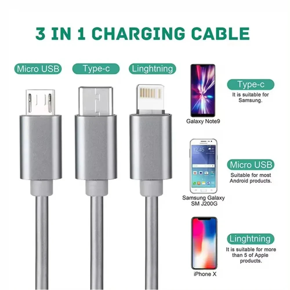 3-in-1 Retractable USB Data Cable – Fast Charging for iPhone, Type-C & Micro USB, Compatible with Android, Xiaomi, Huawei, Samsung