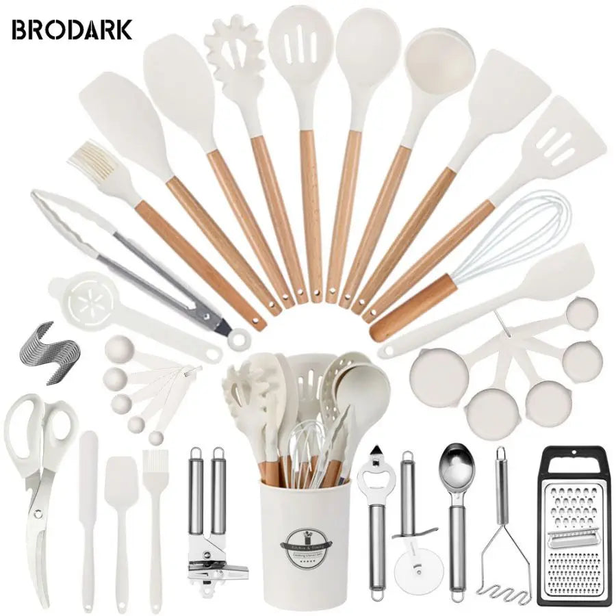 44pcs Premium Silicone Kitchen Utensil Set – Wooden Handles with Knife, Heat-Resistant Non-Stick Cooking Tools