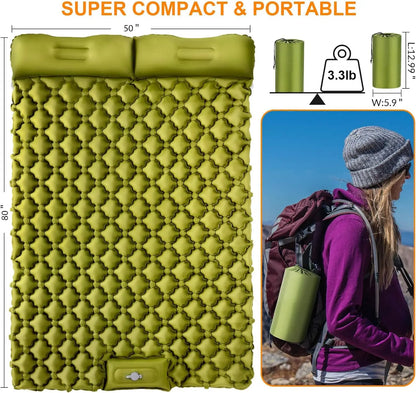 Double Camping Air Mattress with Pillow - Waterproof, Inflatable Sleeping Pad for Nature Hikes