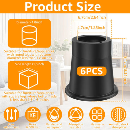 4/6Pcs Heavy Duty Furniture Risers | Round Rubber Sofa, Table, Bed, & Chair Supports Up to 6000 lbs