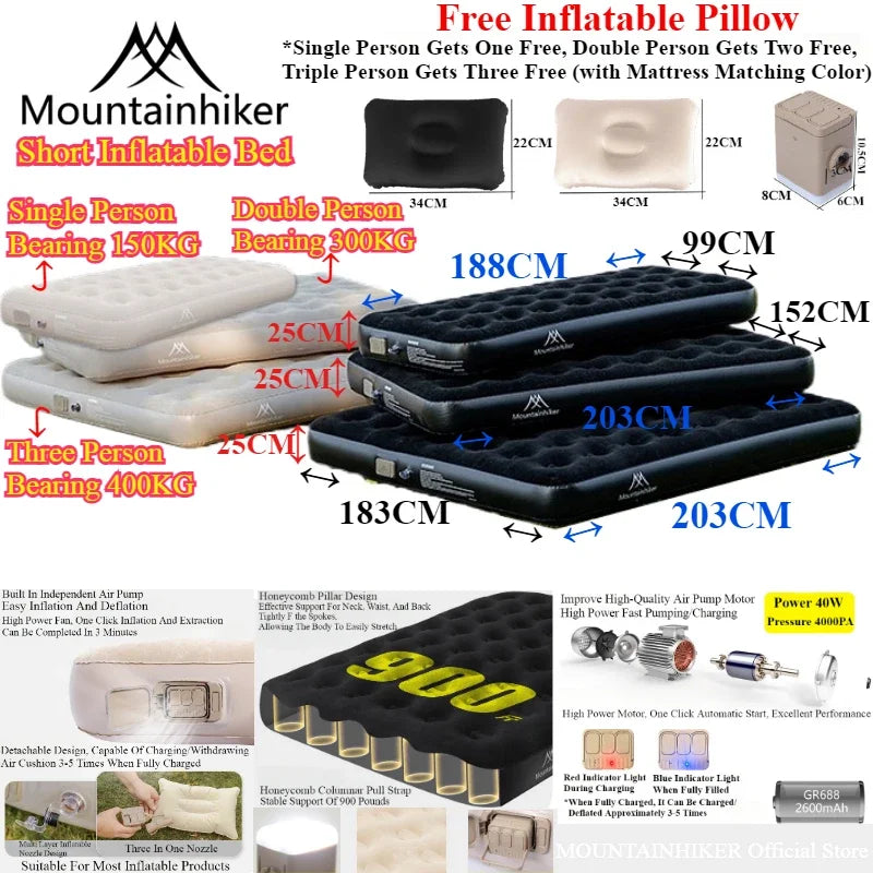 MOUNTAINHIKER 2025 Inflatable Air Mattress – PVC Camping Bed Mat for 1-3 Persons, Built-in Pump Glamping Sleeping Mat