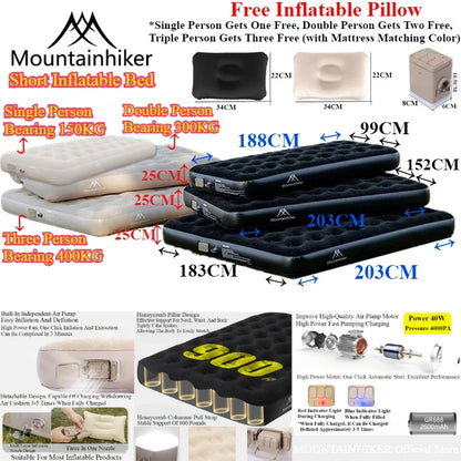 MOUNTAINHIKER 2025 Inflatable Air Mattress – PVC Camping Bed Mat for 1-3 Persons, Built-in Pump Glamping Sleeping Mat