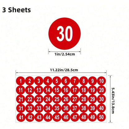 1-Inch Waterproof Number Stickers 1-50 – Self-Adhesive Vinyl Consecutive Decals for Crafts, Parties & Organization