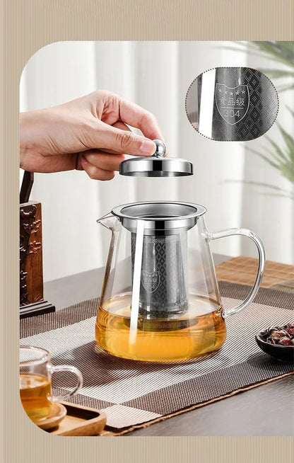 450ml-950ml Heat-Resistant Glass Teapot – Stainless Steel Tea Strainer Infuser, Flower Kettle for Kung Fu Teaware, Puer & Oolong Tea
