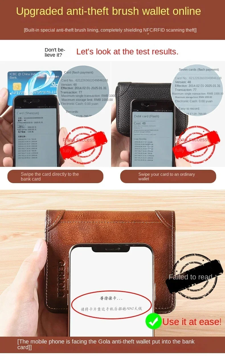 Genuine Leather Men’s Wallet – RFID Blocking Trifold, Vintage Thin ID & Credit Card Holder, Multi-Function Purse