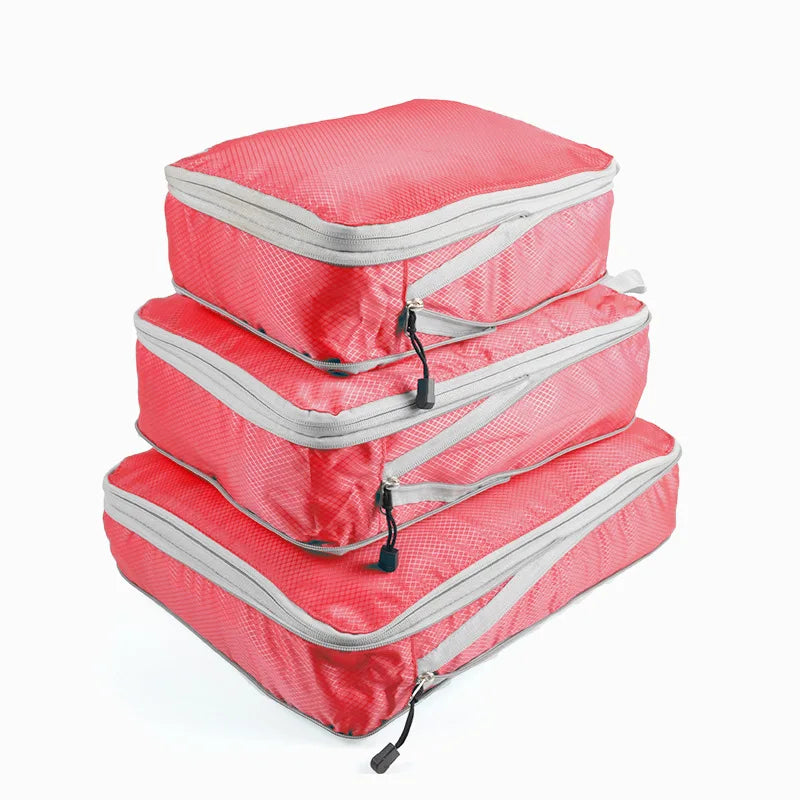 3-Piece Compressible Waterproof Nylon Packing Cubes Set – Portable Travel Storage Bags with Handbag Luggage Organizer
