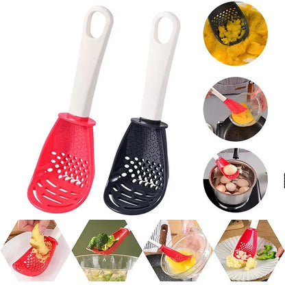Multifunctional Kitchen Cooking Spoon - Strainer Scoop with Garlic Press, Hanging Hole, Potato & Egg Tool, Kitchen Accessory