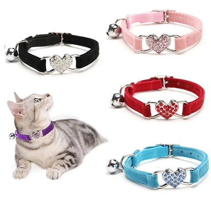 Heart Charm Cat Collar with Bell – Adjustable Safety Elastic Velvet Collar for Small Cats & Dogs, 8 Colors